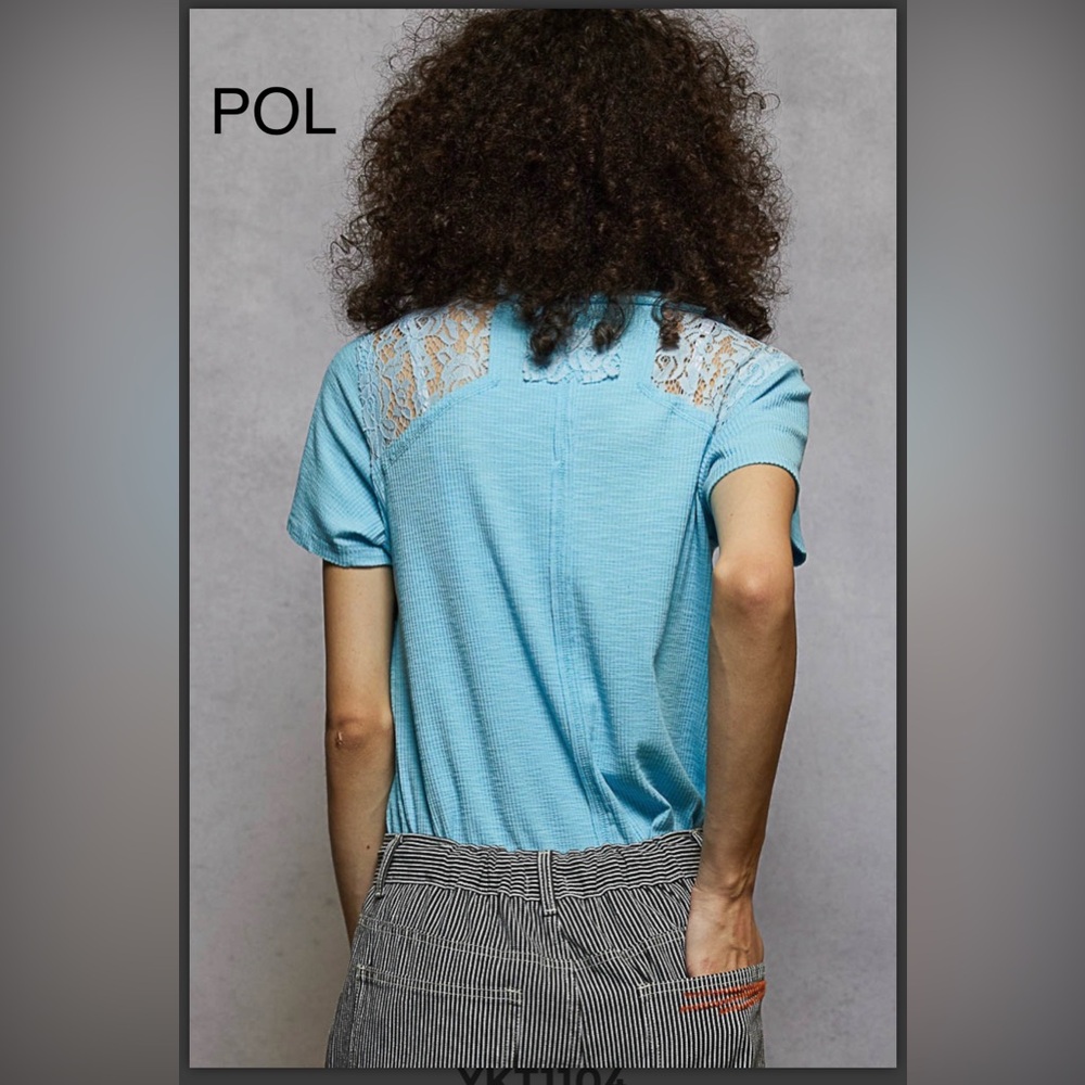 BP220-1💙POL prettyBlue Lace Detail short sleeve top w/lace accents front+ back! - Picture 3 of 5